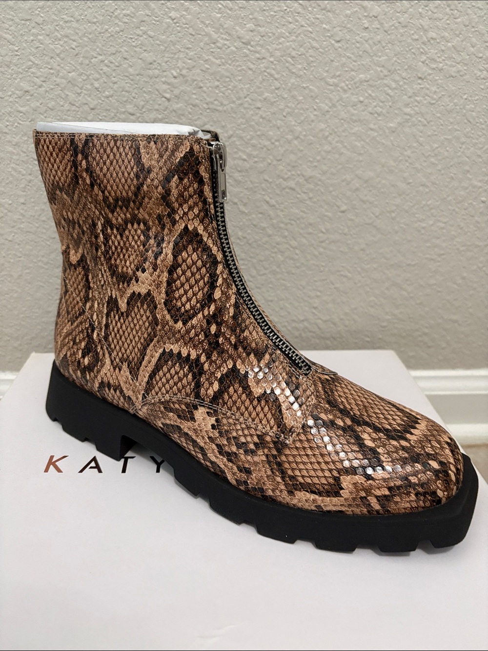 Brown Snake-Print Front Zip Ankle Bootie